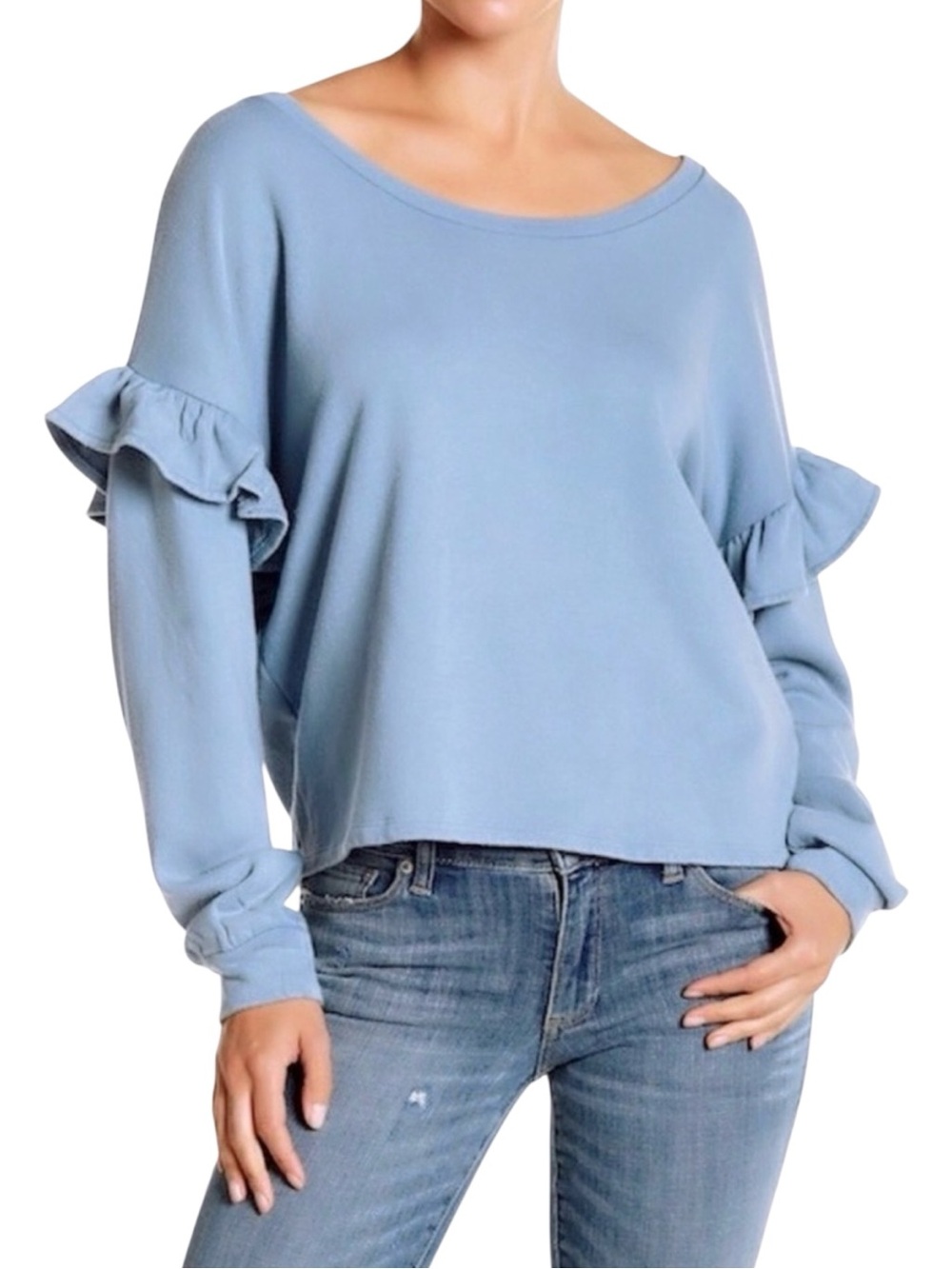 NEW Lucky Brand Blue Terry Knit Cotton Ruffle Long Sleeve Sweatshirt Top Womens